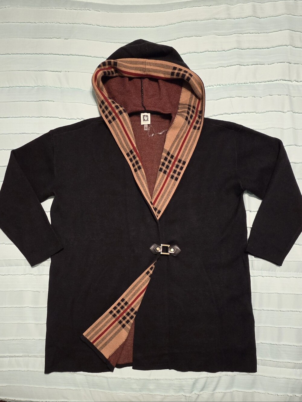 Anne Klein Camel Plaid Sweater with Black and Red Stripes